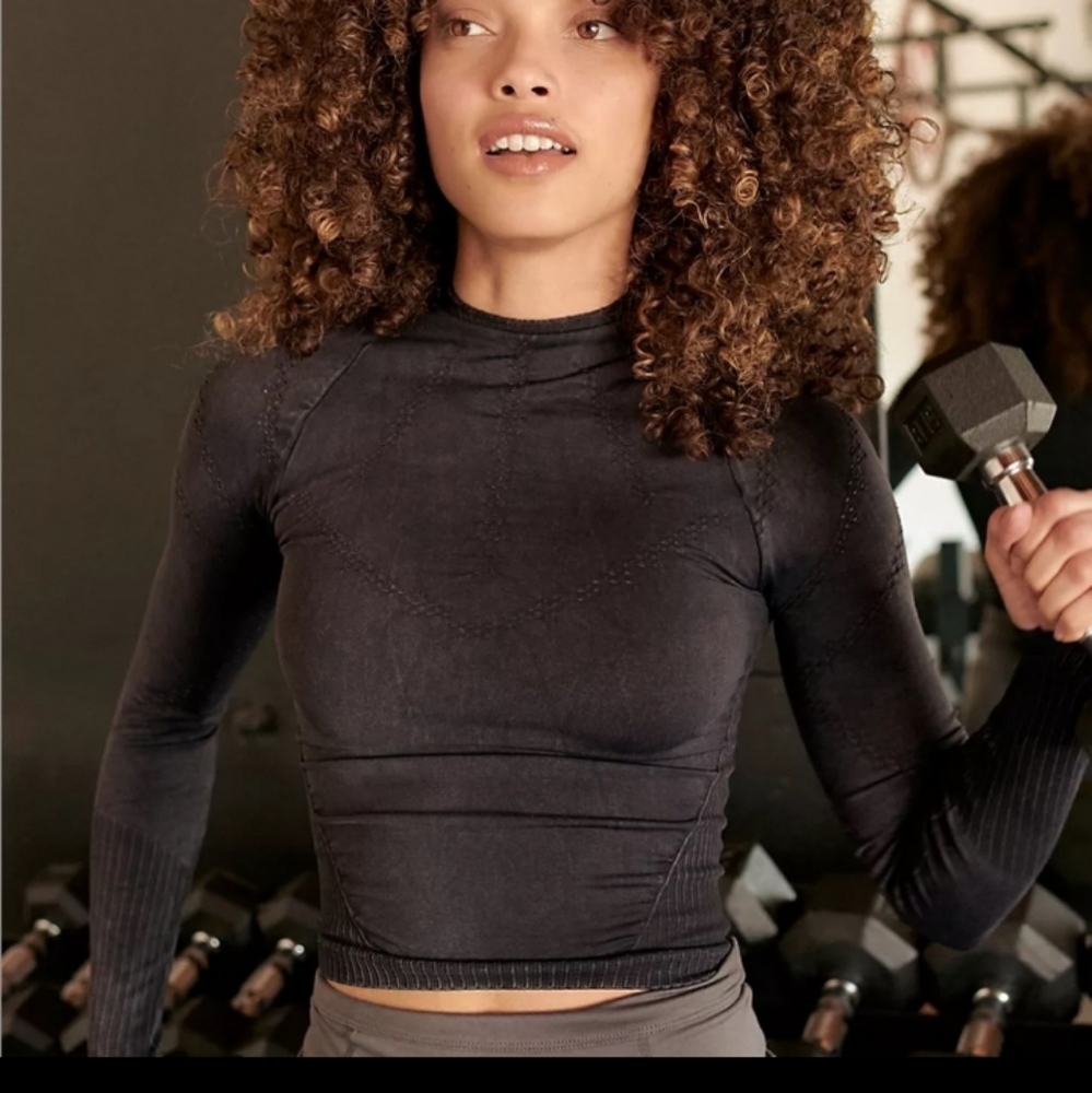 Free People Good Karma Hi-Neck Layer Long Sleeve Top - Washed Black Size M